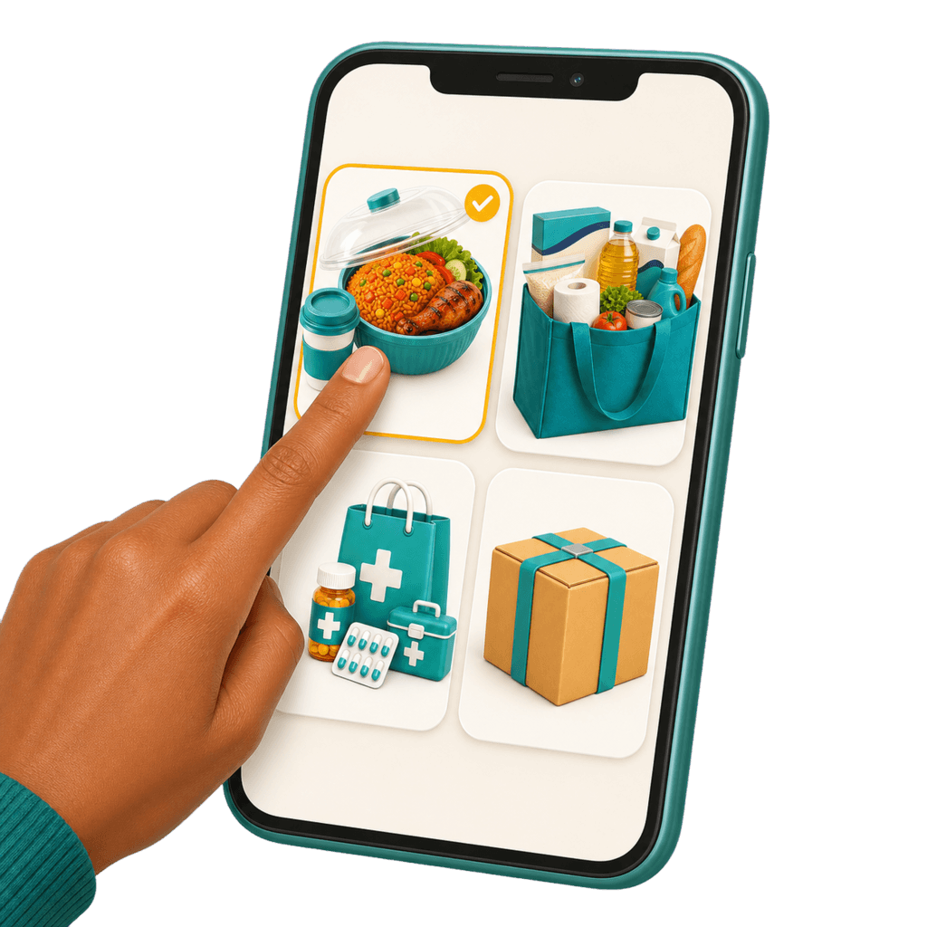 A customer choosing food, supermarket, pharmacy, or parcel delivery in the AMA Go app