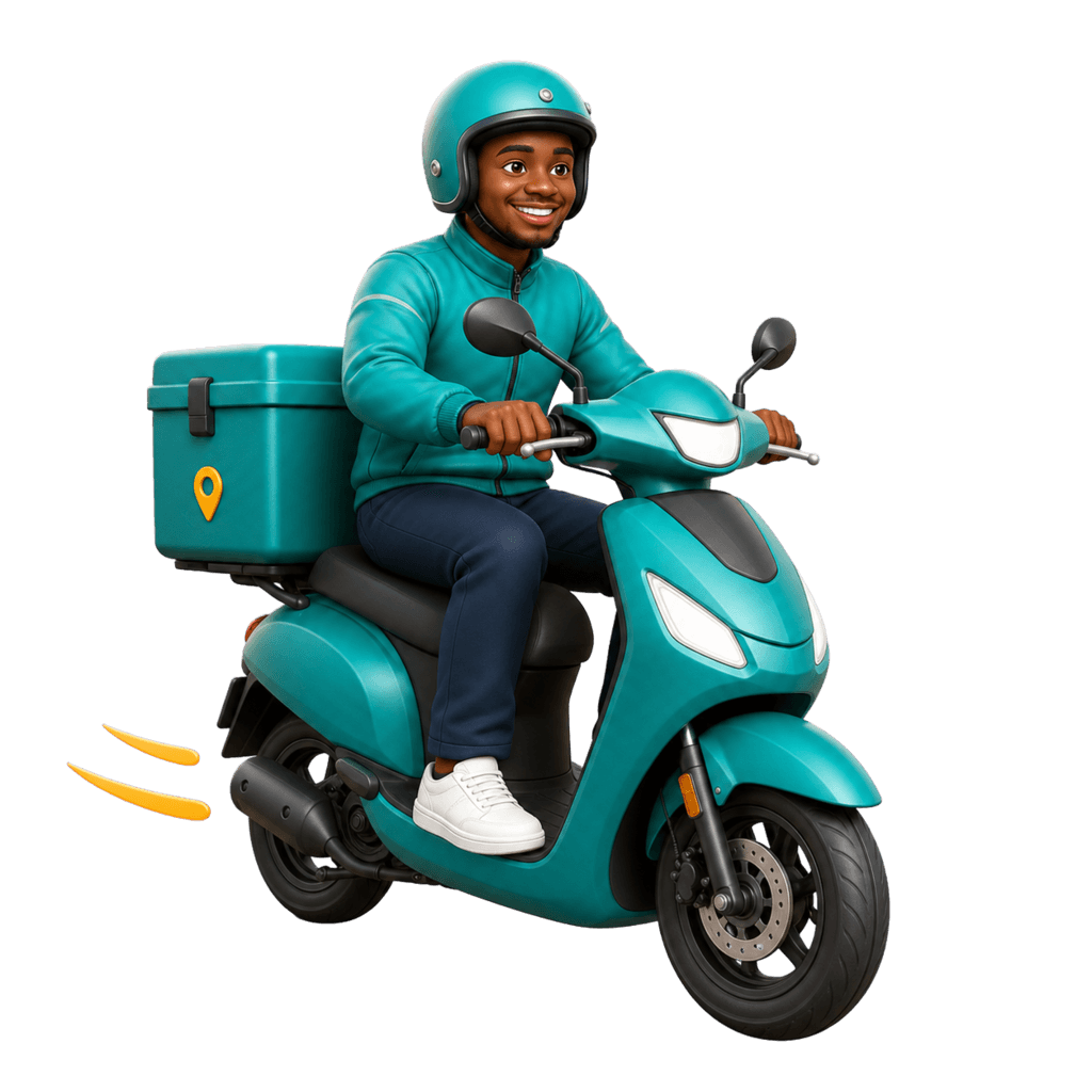 An AMA Go rider carrying an order on a teal delivery scooter